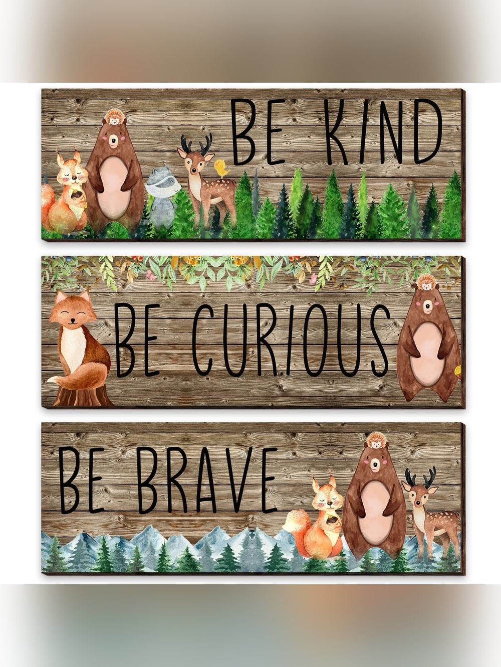 Jetec NWOT 3pc Woodland Animal Nursery Decor Set "Be Kind, Be Curious, Be Brave"